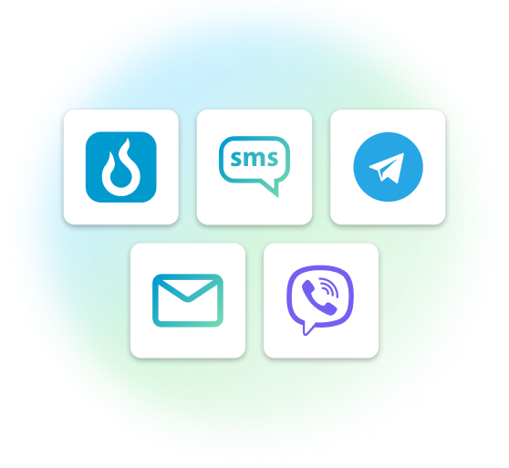 Icons for notification methods including email, SMS, and messaging apps